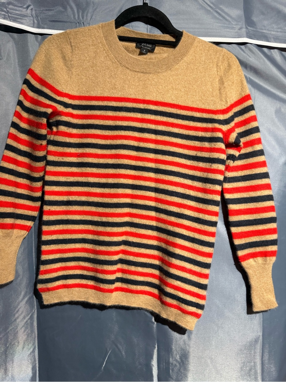 J. Crew Tan Crewneck Sweater with Red and Black Stripes